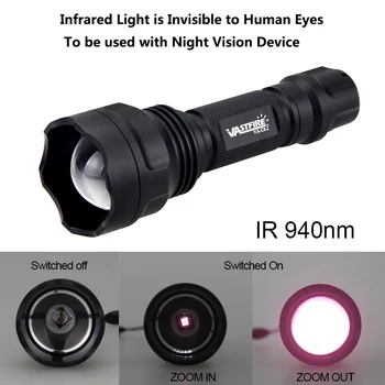 IR-501b Zoomovateľnom Zameranie Lov Baterka infračervené Žiarenie IR 940 nm, Nočné Videnie Zbraň Svetlo Puška Pištole Vrchu Diaľkového Spínača