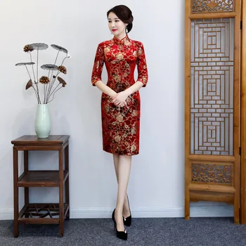 Jeseň Zima Nové Plus Veľkosť Velvet Qipao Elegantné Ženy Čínsky Ručné Tlačidlo Slim Cheongsam Ročník Tlače Kvet Večerné Šaty