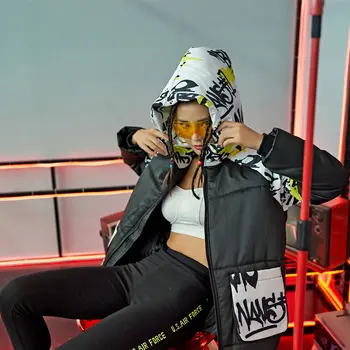 Zimná Bunda S Kapucňou Ženy Voľné Parkas Ulici Harajuku Hip Hop Osobnosť Ženy Teplý Kabát Text Vytlačený Vrecku Bundy Outwear