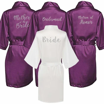 Nové purpurový plášť strieborný písanie matka ženícha svadobné šaty Krátke Nevesta kimono bridesmaid, saténový župan drop shipping