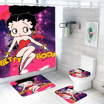 Betty Boop Cartoon Deti Kúpeľňa Set s Háčikmi Sprchový Záves a Vane Koberec Set 4 Ks Wc Okrajové Pokrytie U Shape Koberec Domova