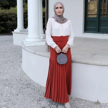 Elegantné Moslimských Pokrčené Abaya Skladaná Sukňa Ženy Big Swing Islamskej Prehodil Maxi Sukne Marocký turecké Oblečenie Elbise s Pásom