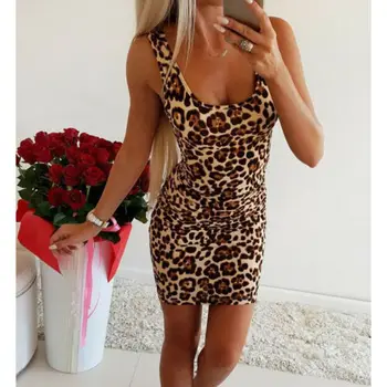 2019 Bežné Krátky Rukáv Leopard Večierok Klubu Nosiť Krátke Šaty Žien Mini Šaty Bodycon