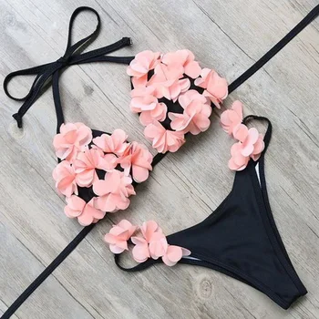 2018 Pevné Čierne Plavky Ženy s Nízkym Pásom Bikini Set s Kvetinová Výzdoba Pláži Plavky, plavky S-XL