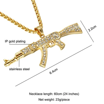 Nový produkt hot predaj nerezovej ocele zlata plné zirkón AK47 puška prívesok náhrdelník cool fashion hip hop titánové ocele náhrdelník j