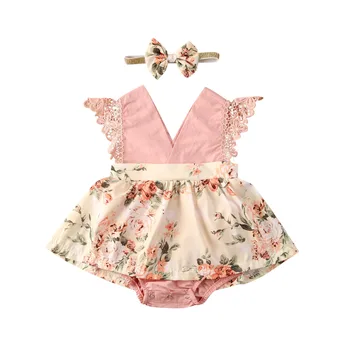 Novorodenca Baby Dievčatá 0-24M Romper Kvetinové Šaty bez Rukávov Ružovej Čipky V Krku Princezná Kombinézach hlavový most