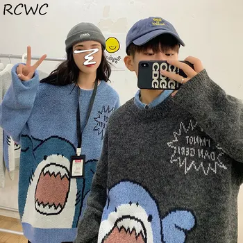 RCWC dámske Svetre Shark Pár Oblečenie na Jeseň Zima Žena Sveter Karikatúra Roztomilý Kawaii Pulóver Voľné Top Femme Chandails