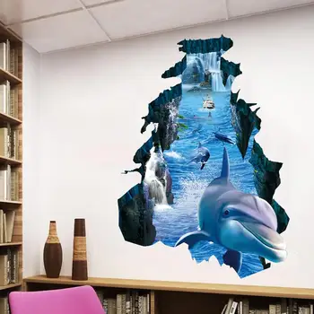 Nové 3D samolepky na stenu dolphin porušenú stenu, vizuálna ochrany životného prostredia nepremokavé non-slip obývacej izby, spálne podlahové samolepky