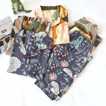 Viskóza Ženy Pajama Bežné Zase dole Golier s Dlhým Rukávom Sleepwear Vintage Vytlačené Vrecká Letné Pyžamo Žena