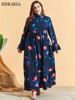 Siskakia Námornícka Modrá Kvetinový Maxi Dresse pre Ženy Elegantný Stojan Golier Svetlice Dlhý Rukáv Ríše Swing arabské Moslimské Oblečenie Jeseň