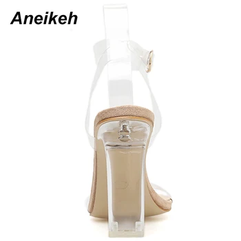 Aneikeh Veľká Veľkosť 42 PVC Jelly Sandále Crystal Otvoriť Leňoch Vysoké Podpätky Pracky Popruhu Ženy Transparentné Námestie Päty Sandále Sexy Čerpadlá