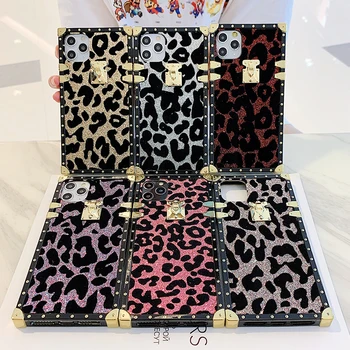 Luxusná Značka Štvorcových Leopardí Vzor Mäkký Silikónový Telefón puzdro Pre iphone 12 Mini 11 Pro 7 8 Plus SE X XR XS MAX Lesk Zadný Kryt