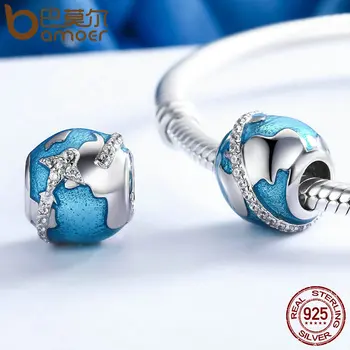 BAMOER Originálne 925 Sterling Silver Svete Cestovanie & Oslňujúci CZ Modré Smalt Korálky Fit Náramky Šperky Darček S925 SCC183