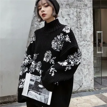 Jeseň zima 2021 nové žien kórejský loose fit Pulóver vysoká krku knitwear ťažkých svetlé vločka kvet čierny sveter B-107