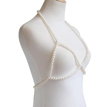 Nastaviteľné Faux Perly Bikini Bralette Postroj Náhrdelník Crossover Telo Reťazca Podprsenka Lady Vyhlásenie Šperky pre Ženy Dámy