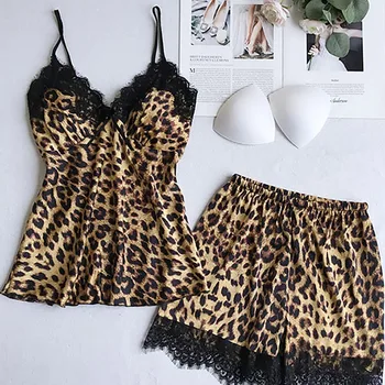 Ženy Pyžamo Sady Satin Leopard Tlač Sleepwear Hodváb 4 Kusy Odev Pyžamo Popruh Čipky Spánku Salónik Pijama Plus Veľkosť 3XL