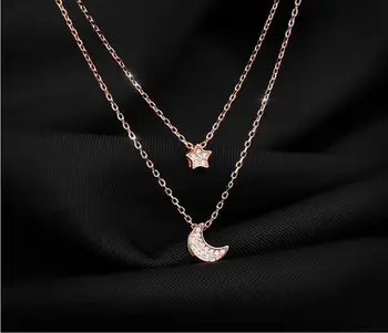 925 Sterling Silver Dvojvrstvové Crystal Hviezdy, Mesiac Kúzlo kórejský Choker Príveskom Náhrdelník Svadobné Šperky Pre Ženy dz100