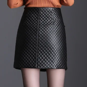 Ženy Vysoký Pás Slim Zimné Jeseň Čierny Kockovaný PU Kožené Sukne Office Lady Zips Spájať Plus Veľkosť Mini Bodycon Sukne 2020