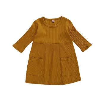 2020 Jar Jeseň Deti jednofarebné Šaty okolo Krku Tri Štvrtiny Rukáv Šaty z Jedného Kusu pre Dievčatá 1-5Y