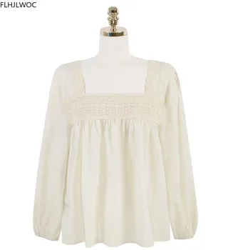 Plus Veľkosť Detské tričko Voľné Oblečenie 2020 Jeseň Dlhý Rukáv Bežné Námestie Golier Kórea Japonsko Elegantný Štýl Ženy Vintage Bavlna Topy