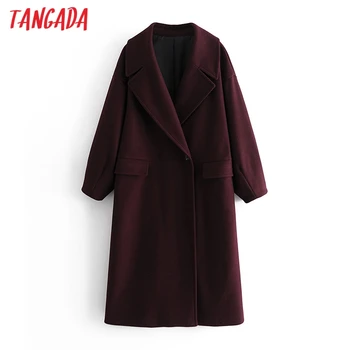 Tangada Ženy Zimné Červené Víno Vlnené Kabát Veľkými Vintage Dlhý Rukáv Žena vrchné oblečenie Elegantný Kabát 3W65