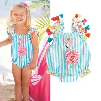 Batoľa Detský Baby Dievča Leta Plavky Dievčatá Čipky Strapce Cartoon Flamingo Bikiny, Plavky Biquinis Plavky Plážové Oblečenie
