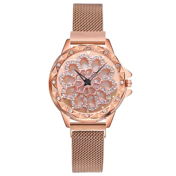 Luxusné ružové zlato hodinky ženy Magnetické 360 stupňov rotácie quartz náramkové hodinky pre ženy dámske hodinky hodiny zegarek damski