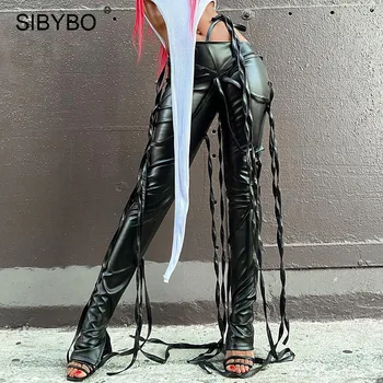 Sibybo Páse s nástrojmi Faux Kožené Zimné Nohavice Ženy Bežné Čipky Vysoký Pás Dlhé Nohavice Femme Black PU Punk Moto Streetwear Nohavice