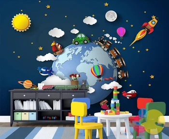 Milofi vlastné 3D fotografie tapety fantasy hviezda prázdne cloud zemi malé vlak auto balón rocket papier pozadí steny