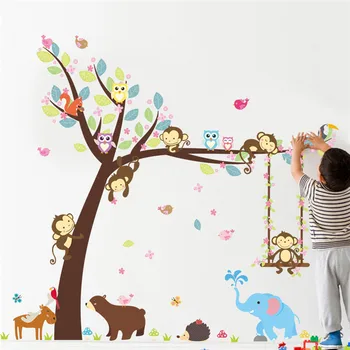 Jungle Divokých Lesných Zvierat, Slona, Opicu, Strom samolepky na stenu pre deti izba Deti Stenu Kotúča, Škôlky, Spálňa Decor nástenná maľba