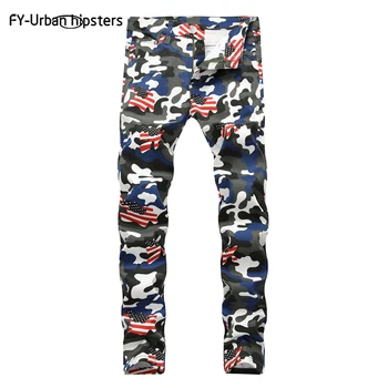 Mens 2018 módne džínsy Americkej vlajky tlač strečové džínsy slim bežné päť-špicaté hviezdy veľká veľkosť nohavice pre mužov Kamufláž džínsy