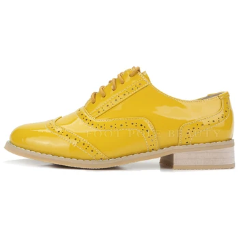 Značka ručne vyrábané topánky žena žltá Patent Kožené ploché topánky Plus Veľkosť Žena oxford topánky pre ženy zapatos mujer Brogues oxford