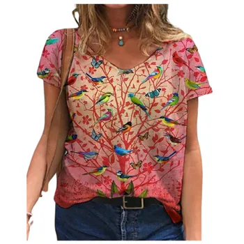 3D Kvetinový Tlač Ženy Tričko Boho Krátke Rukáv V Krku Topy Bežné Streetwear Plus Veľkosť Voľné Lady Tee 2021 Nové Letné Oblečenie