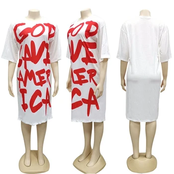 List Print Biele Bežné Šaty pre Ženy Móda Rock Polovičný Rukáv Voľné Každodenné Šaty Koleno Dĺžke Nadrozmerné T Shirt Dress