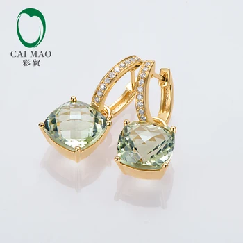 Caimao 10 mm Zelený Ametyst Vankúš 9.75 ct SI G-H Diamond 14kt Žlté Zlato Odnímateľný Drop Náušnice