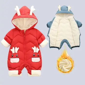Cartoon Dieťa Jumpsuit Baby Girl Romper Zimné snowsuit Chlapci Remienky Hrubé Velvet batoľa kabát s Kapucňou ucho Teplé dojčenské Oblečenie