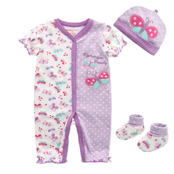 3ks Oblečenia Sady Baby Boy Girl Jeseň Bavlna-Krátke Rukáv Dieťa Romper+Hat+Ponožky Baby Set Dieťa Detské oblečenie