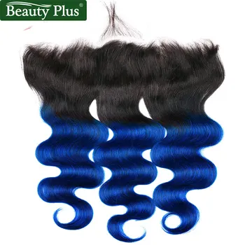 Modrá Ombre Zväzky S Uzáverom 13x4 Palcový Telo Wave 3 Zväzky S Čelnej Baby Vlasy Brazílsky Remy Ľudské Vlasy, Tmavé Korene