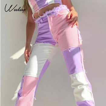 Weekeep Módne Ženy Vysoký Pás Streetwear Džínsy Patchwork Vintage Bavlna Dizajn Tlačidlo Lietať Rovné Denim Nohavice Slim Jean