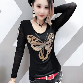 Kórejský Diamanty Butterfly Tričko 2019 Nové Jeseň Zima Ženy Duté Z Dlhý Rukáv Späť Hore Tričko Oblečenie, Streetwear T98802