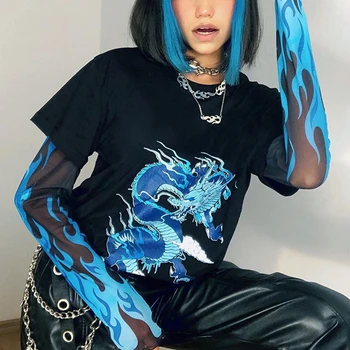 Gotická Oheň, Plameň Tlač Harajuku T-shirt Dámy Y2K Patchwork Black Dragon Tee Tričko Ženy Gotický Dlhý Rukáv T Shirt Žena 2020