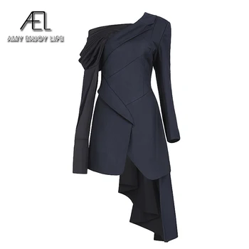 AEL Sexy Sako Šaty Žien 2020 Nové Námornícka Modrá Bavlnená Zmes Jedného Pleca Dlhý Rukáv Šaty Strany Minidress Lady