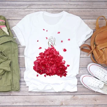 Dámske tričká 90. rokov Tlač na Kvetinový Láska Valentine LadiesFlower Lady Kvetinový Ženy Tlač Dámy Top T Grafické Ženský Čaj T-Shirt