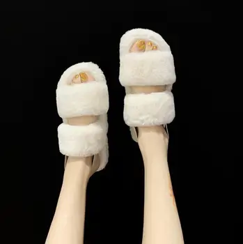 Vnútorné Žena Papuče Dámske Topánky Fox Kožušiny Listov Veľkoobchod Domáce Papuče Sandale Femme Dom Obuvi Načechraný Fliders Letné Sandále