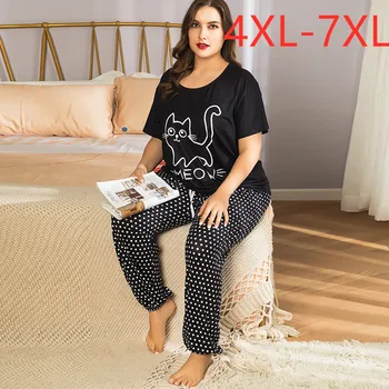 Nová jar, jeseň plus veľkosť pyžamá pre ženy cartoon čierne tričko a dlhé nohavice domov nosiť dva kus vyhovuje 4XL 5XL 6XL 7XL