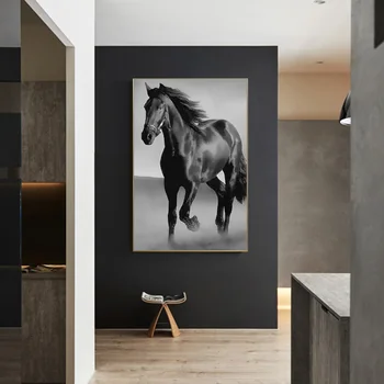 Nordic Moderný Čierny Kôň Zvierat Umelecké Plátno Maľovaní Plagátov a Tlač Múr Umenia pre Obývacia Izba Domova (Bez Rámu)