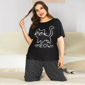 DOIB Plus Veľkosť Pyžamo Ženy Kreslených Mačka Čierna T-košele, Dlhé Nohavice Veľkosť Sleepwear Letné Voľné oblečenie pre voľný čas Dvoch Kus Vyhovuje