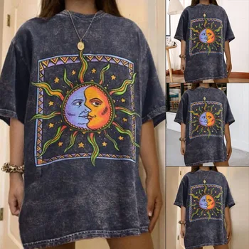 Ženy Bežné Fashion T-shirt List Sun Moon Tlač Voľné O-krku Polovicu Rukáve Elastická Natiahnuté Nové Letné Domov