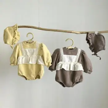 2021 Jar Nové Fleece Prehrabať Baby Girl Kombinézu Roztomilý Čipky Pohodlné Teplé Princezná Jumpsuit Baby Girl Šaty S Klobúkom