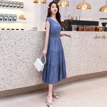 Nové letné žien kórejský tvaru bez rukávov šifón dlhý štíhly vysoký pás príležitostné voľné panel šaty SS895